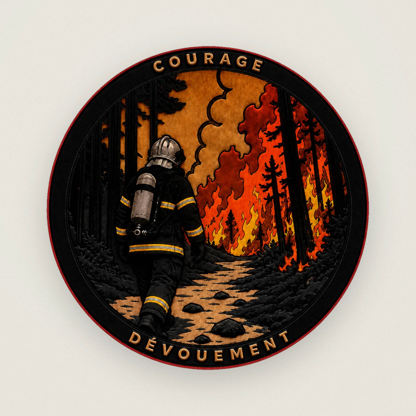 Patch Courage et Dévouement : un sapeur-pompier face à un incendie de forêt